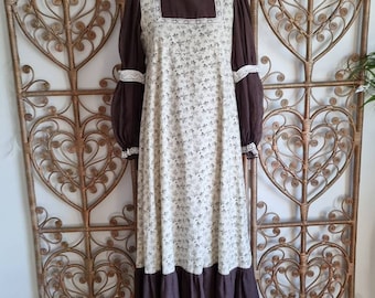 vintage Paula lee marron blanc crème rayures florales prairie coton cottagecore des années 70 maxi robe S