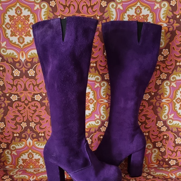 Vintage purple hippy suede leather platform knee high penny lane boots uk size 5 Eur 38 us 7