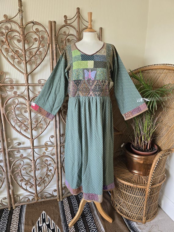 Vintage Green Patchwork Floral Cotton 70s Boho Smock Kaftan Midi Dress S/M