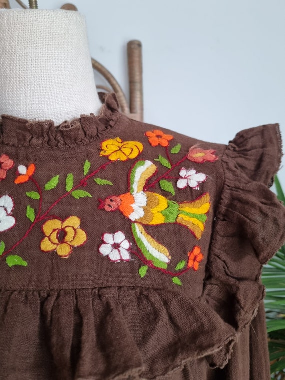 Vintage brown embroidered floral Cotton boho smoc… - image 2