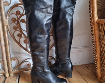 Vintage black leather 60s style over the knee penny lane boots uk size 4 4.5 Eur 37 37.5 us 6 6.5