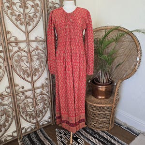Vintage red floral cotton hippy Indian 70s boho smock maxi dress M L