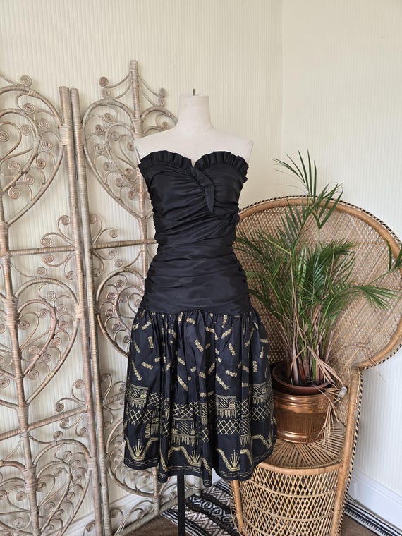 Zandra Rhodes, Vintage black gold taffeta Zandra Rhodes 80s 90s dress XS