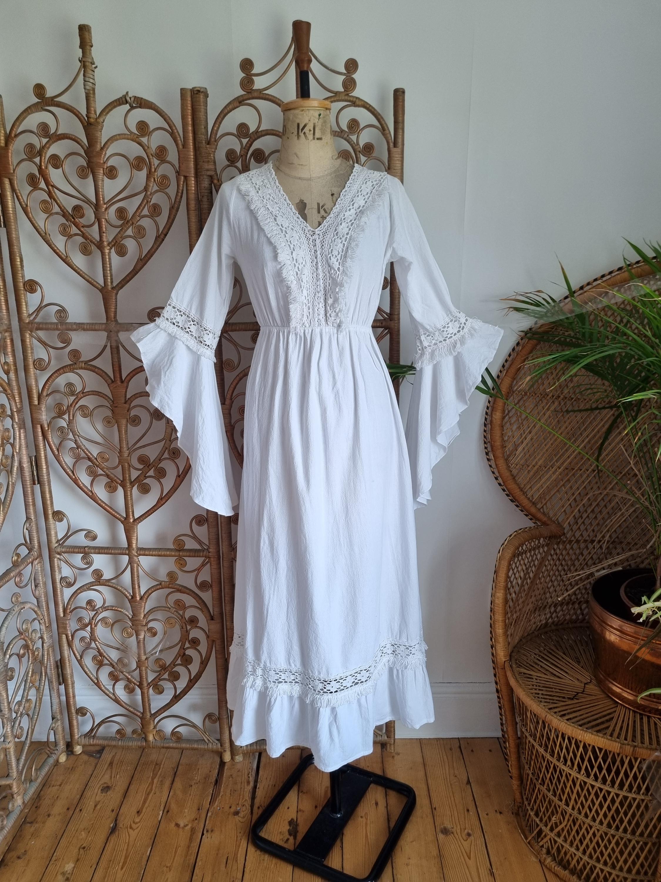 Vintage White Prairie Cotton Crochet Lace Waterfall Sleeves Wedding 70s Cottagecore Maxi Dress S Etsy UK