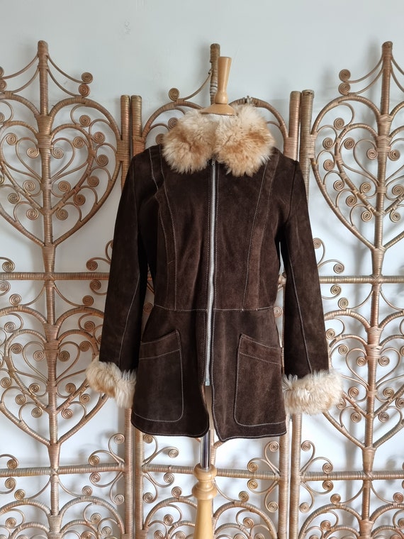 Vintage brown suede Sheepskin afghan Fur collar c… - image 1