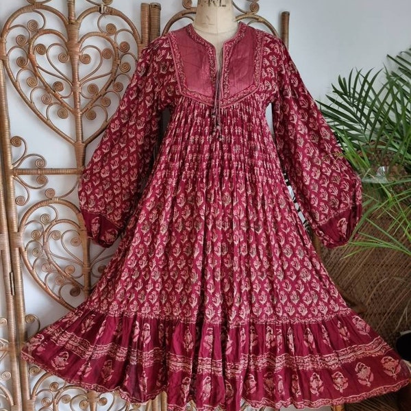 Vintage floral paisley cotton hippy Indian 70s boho smock midi dress S