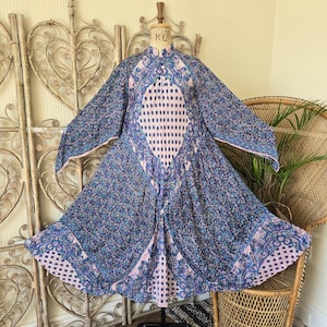 Vintage floral paisley Silk Indian 70s smock midi kaftan dress XS S
