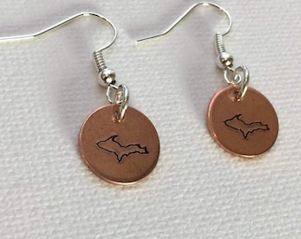 Michigan Upper Peninsula Copper Earrings, UP Jewelry, Upper Michigan Necklace, UP Necklace, Yooper Jewelry