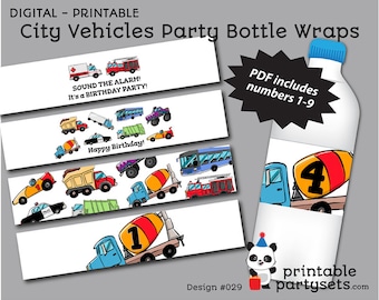 City Vehicles Birthday Party Bottle Wrappers Jar Cup Labels PRINTABLE / Birthday Party / Party Printables / Boys Birthday Party / No. 029