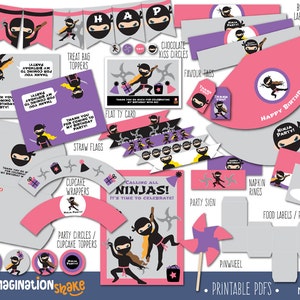 Ninja Birthday Party Package PRINTABLE LG / Ninja Girls Pink Purple Birthday Printouts / Birthday Party Printables / Ninja Set DIY / No. 003 image 1