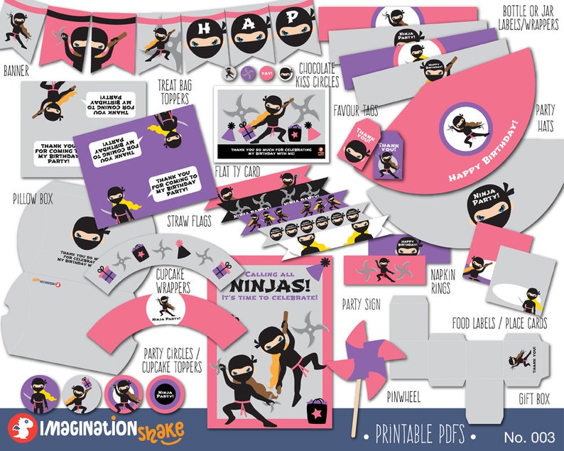 Ninja Birthday Party Package PRINTABLE LG / Ninja Girls Pink Purple Birthday Printouts / Birthday Party Printables / Ninja Set DIY / No. 003 image 1