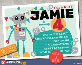 Personalized Robot Birthday Party Invitation PRINTABLE DIY / Robots Birthday / Printable Invite / Boy's Bday / Nuts and Bolts / No. 006