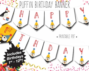 Puffin Birthday Party Banner PRINTABLE / Puffin Birthday Printables / Any Age Banner / Puffin Birthday Bunting / Printable Birthday Party