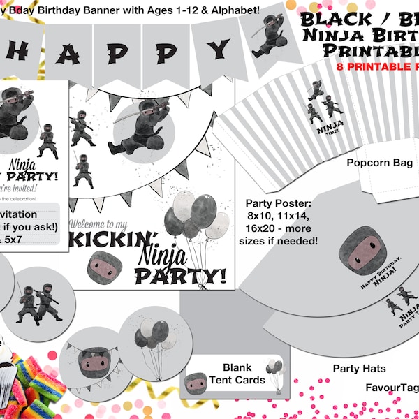 Black Ninja Birthday Party Package Set PRINTABLE/ Brown Ninja Birthday Party Printouts / Ninja Birthday Party Printables / Party Decorations