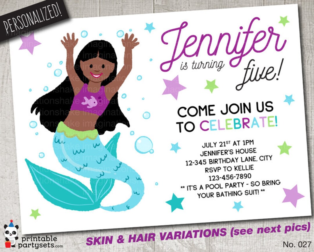 Personalized Black Mermaid Party Invitation PRINTABLE / Custom Skin ...
