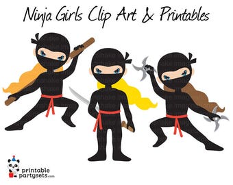 Ninja Girls Clip Art & Printables Set / Clipart / Ninja Wall Decorations / Ninja Table Toppers / Ninja Party Decor / Birthday Ninjas Red