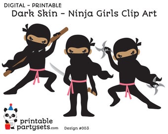 Dark Skin Ninja Girls Clip Art Printables Set / Black Ninja Girls / Wall Decorations / Birthday Brown Ninja / Ninja Party / Ninja Girl Party