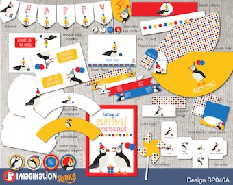 Puffin Party Birthday Package PRINTABLE / Gender Neutral Birthday Printouts / Puffin Birthday / Party Printables / Red Blue Yellow Party Pkg