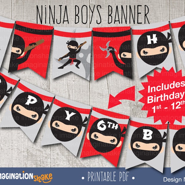 Ninja Birthday Party Banner PRINTABLE / Ninja Birthday Printables / Printable Party Banner / Ninja Banner / Red and Black Ninja / No. 002