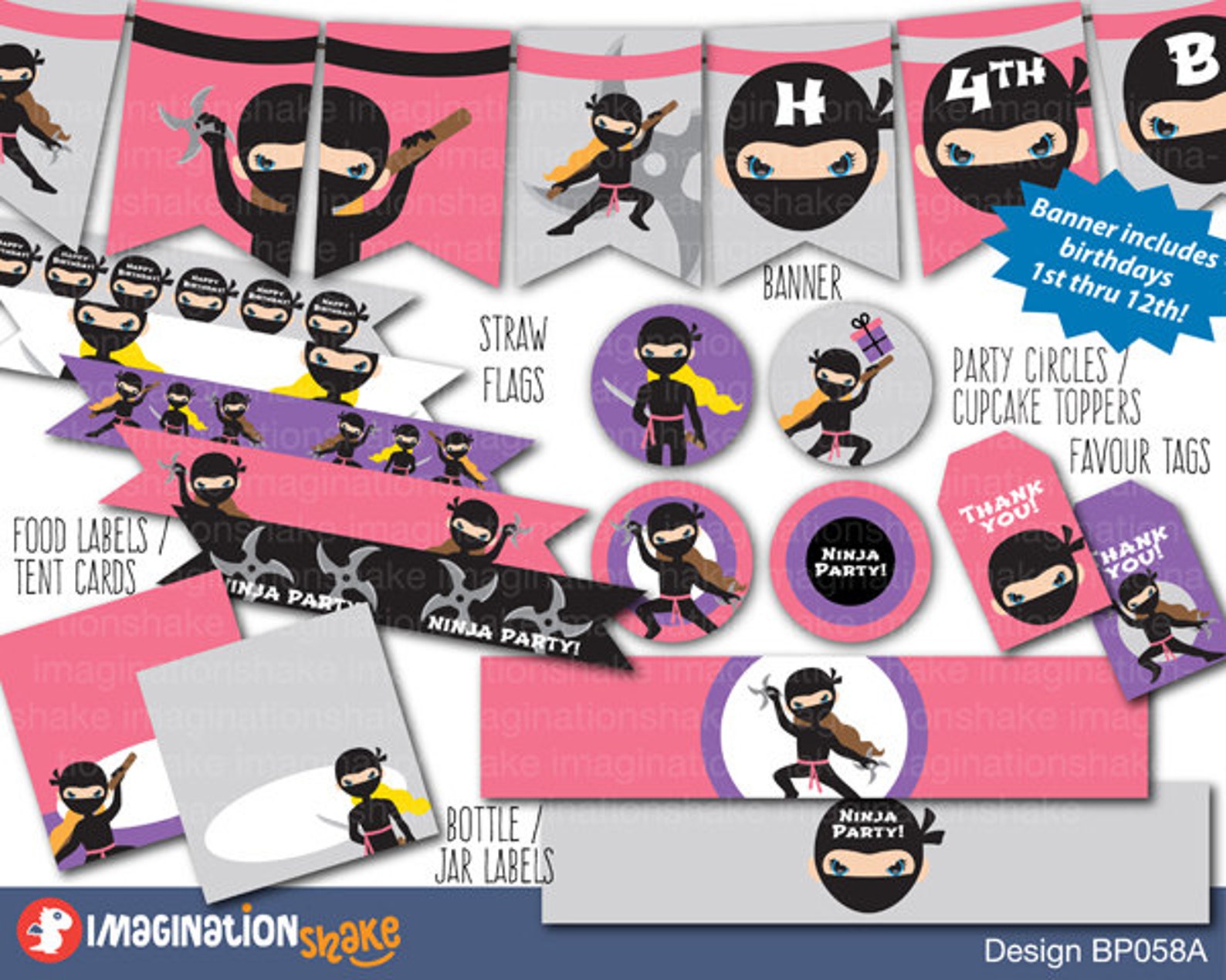 Ninja Birthday Party Package Set PRINTABLE Small/ DIY Pink Ninja Girls ...