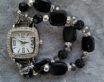 Women's elegant black stretch watch bracelet with white square watch face
