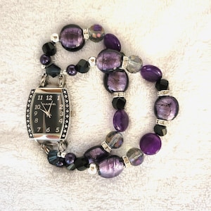 Women's attractive purple stretch interchangeable watch bracelet with black watch face