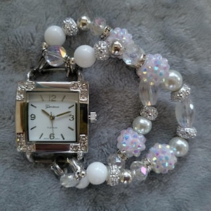 Women&#39;s sparkly white stretch watch bracelet with white square watch face