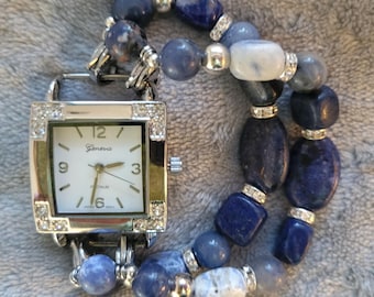 Women's lapis lazuli stretch interchangeable watch bracelet with square white watch face