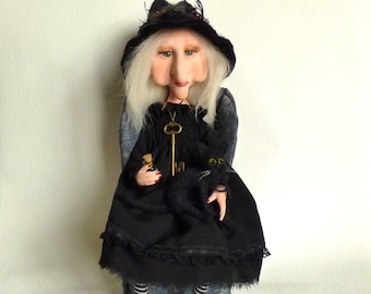 OOAK Witch doll Polymer clay Witch Art doll Witch black cat Witch figurine Halloween Witch doll Magic doll Fantasy doll Fairy doll Sorceress