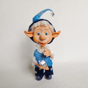 OOAK Art doll Gnome Stargazer Poseable doll Magic doll Fantasy doll Gnome figurine Polymer gnome Blue Gnome doll 8&quot; Elf Polymer clay doll