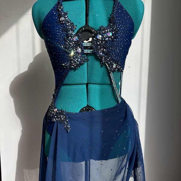 Blue One-Piece Lyrical Dance Costume, Custom Couture Costumes, Kiki Costumes, Adult Small, Solo Dance Costume,