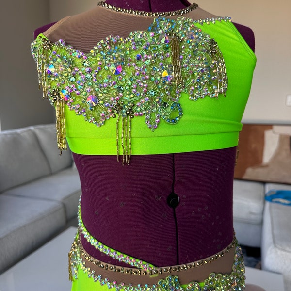 Rhinestoned Dance Costume, Green Two-piece Custom Couture Costumes, Kiki Costumes, Child Medium Solo Dance Costume