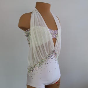 White Girls Two-Piece Dance Costume, Custom Couture Costumes, Lyrical, Kiki Costumes, Child Medium, Solo Dance Costume, White Mesh Leotard
