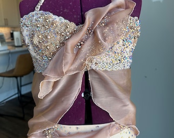 Rose Gold Rhinestoned Dance Costume, Custom Couture Costumes, Kiki Costumes, Child Medium Solo Dance Costume