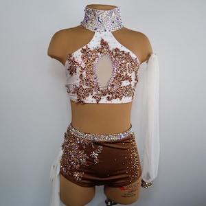 White Brown Girls Two-Piece Dance Costume, Custom Couture Costumes, Lyrical, Kiki Costumes, Child 12, Solo Dance Costume, Dancewear, Base