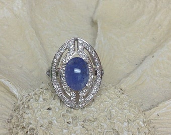 Natural Tanzanite Cabochon with White Zircon Ring