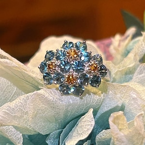 Blue Zircon with Orange Sapphire Bouquet Ring