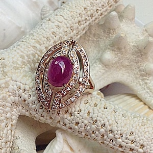 Natural Red Ruby Cabochon with White Sapphire Ring
