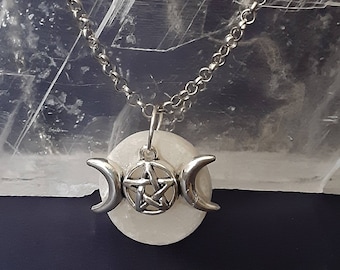 Selenite Moon Goddess Necklace: Wiccan Star Pendant, 24" Silver-Tone Chain