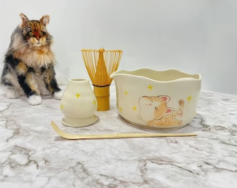 Handmade Ceramic Matcha Bowl: Lazy Cat Design, Personalized Option