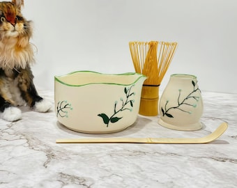 Handgemaakte keramische matcha-komset: groene theeceremonie