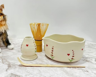 Personalized Lavender Heart Matcha Bowl Set: Handmade Ceramic Tea Ceremony