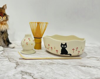 Handmade Black Cat Matcha Bowl: Personalized Ceramic Tea Ceremony Set