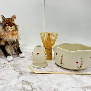 Personalized Lavender Heart Matcha Bowl Set: Handmade Ceramic Tea Ceremony