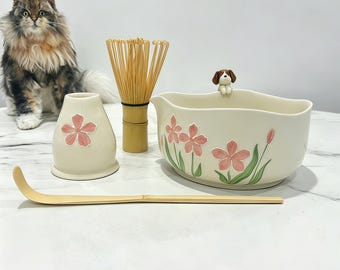 Personalized Pet Portrait Matcha Bowl Set, Custom Handmade Ceramic