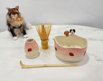 Matcha Bowl with Pet Portrait 3D Customization, Pink Strawberry Matcha Bowl Set, Personalized Matcha Bowl Set,Cute Pet Matcha Bowl Set 500ml