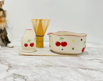 Handmade Ceramic Matcha Bowl Set: Cherry Blossom Design, Personalized Option