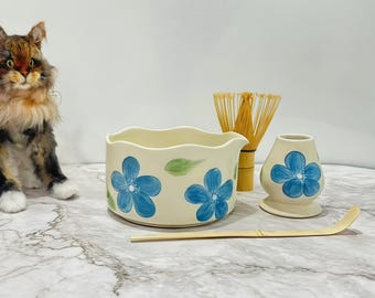 Handmade Ceramic Matcha Bowl Set: Blue or Pink Petal Design