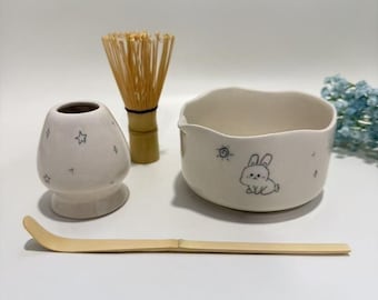 Handgemaakte matcha-komset konijn, gepersonaliseerde matcha-kom, keramische matcha-komset
