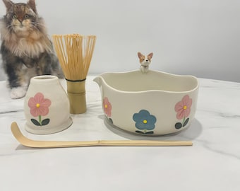 Personalized Handmade Ceramic Matcha Bowl Set, Pet Statue